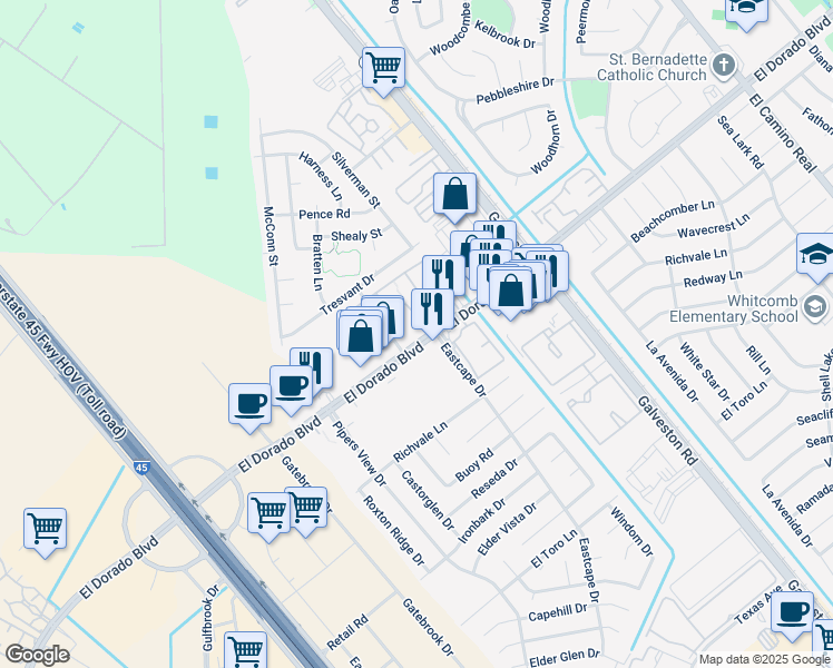 map of restaurants, bars, coffee shops, grocery stores, and more near 15620 Eastcape Drive in Webster