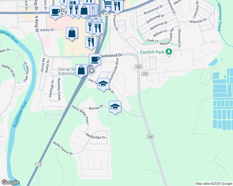map of restaurants, bars, coffee shops, grocery stores, and more near 1480 Joe Carrillo Boulevard Street in Seguin