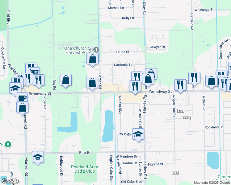 map of restaurants, bars, coffee shops, grocery stores, and more near 6420 West Broadway Street in Pearland