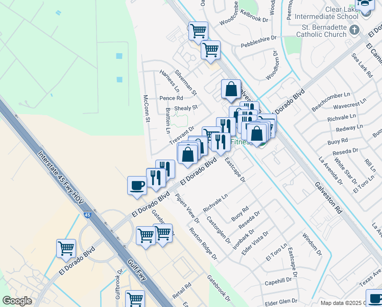 map of restaurants, bars, coffee shops, grocery stores, and more near 435 El Dorado Boulevard in Webster