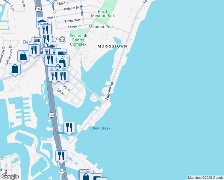 map of restaurants, bars, coffee shops, grocery stores, and more near 1402 Todville Road in Seabrook