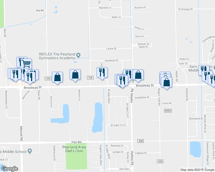 map of restaurants, bars, coffee shops, grocery stores, and more near Farm to Market 518 in Pearland