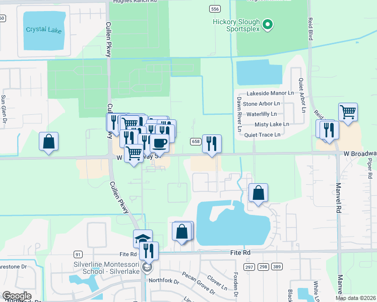 map of restaurants, bars, coffee shops, grocery stores, and more near 7930 Broadway Street in Pearland