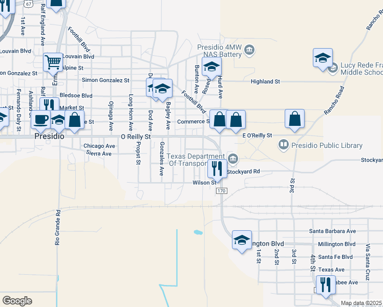 map of restaurants, bars, coffee shops, grocery stores, and more near Duran Street in Presidio