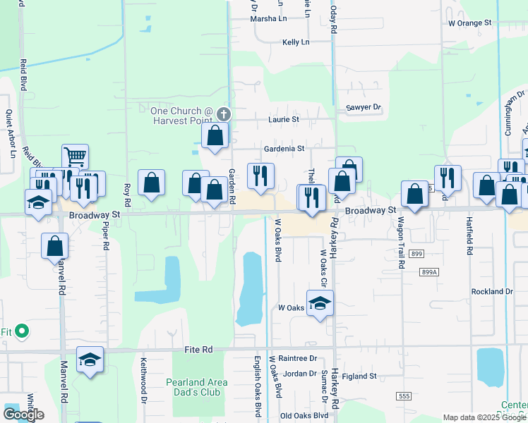 map of restaurants, bars, coffee shops, grocery stores, and more near 6423 Broadway Street in Pearland