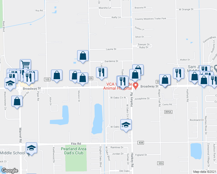 map of restaurants, bars, coffee shops, grocery stores, and more near West Broadway Street & West Oaks Boulevard in Pearland