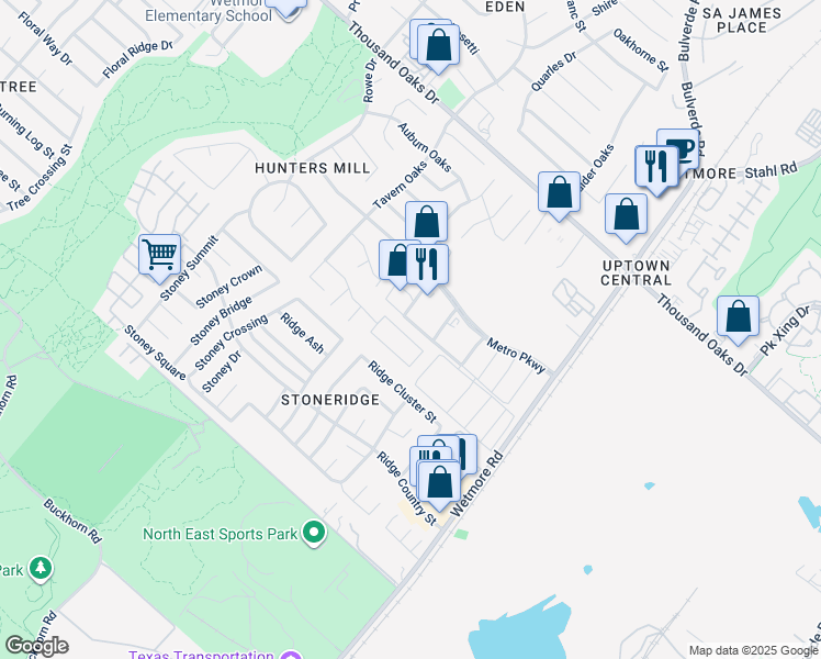 map of restaurants, bars, coffee shops, grocery stores, and more near 13851 Griffin Ridge Drive in San Antonio