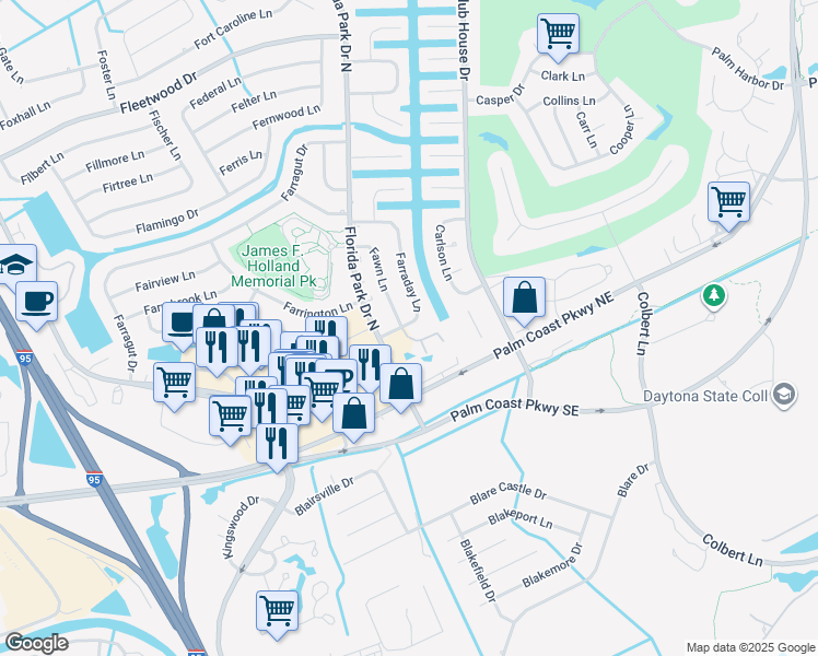 map of restaurants, bars, coffee shops, grocery stores, and more near 5 Farraday Lane in Palm Coast