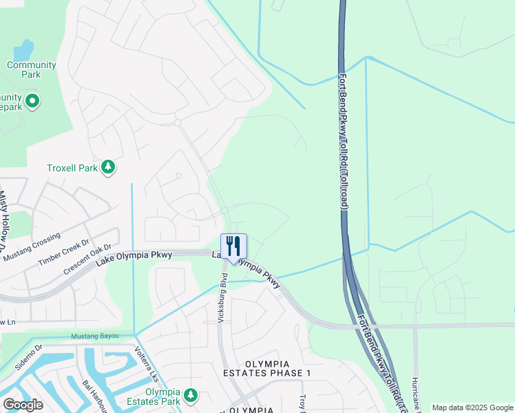 map of restaurants, bars, coffee shops, grocery stores, and more near Lake Olympia Parkway in Missouri City