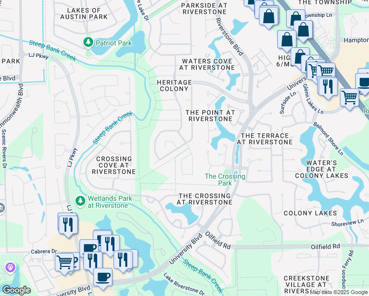 map of restaurants, bars, coffee shops, grocery stores, and more near 3810 Alpine Circle in Missouri City