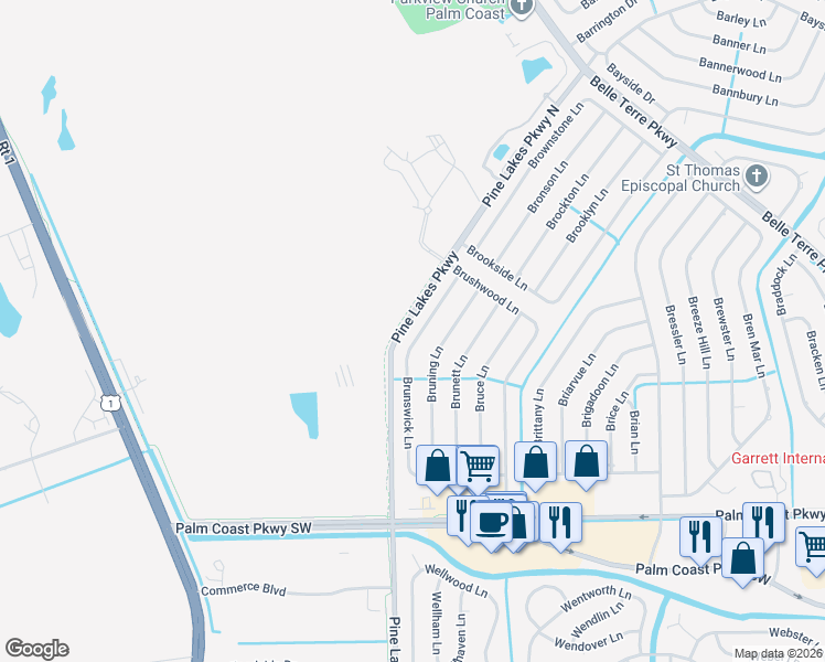 map of restaurants, bars, coffee shops, grocery stores, and more near 114 Brunswick Lane in Palm Coast