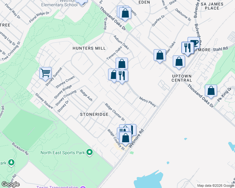 map of restaurants, bars, coffee shops, grocery stores, and more near 13851 Griffin Ridge Drive in San Antonio