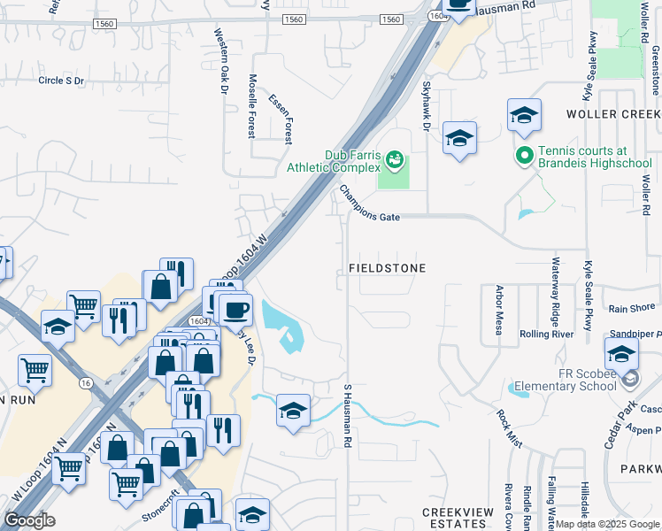 map of restaurants, bars, coffee shops, grocery stores, and more near 12131-12153 South Hausman Road in San Antonio