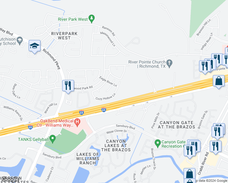 map of restaurants, bars, coffee shops, grocery stores, and more near 21514 Cozy Hollow Lane in Richmond