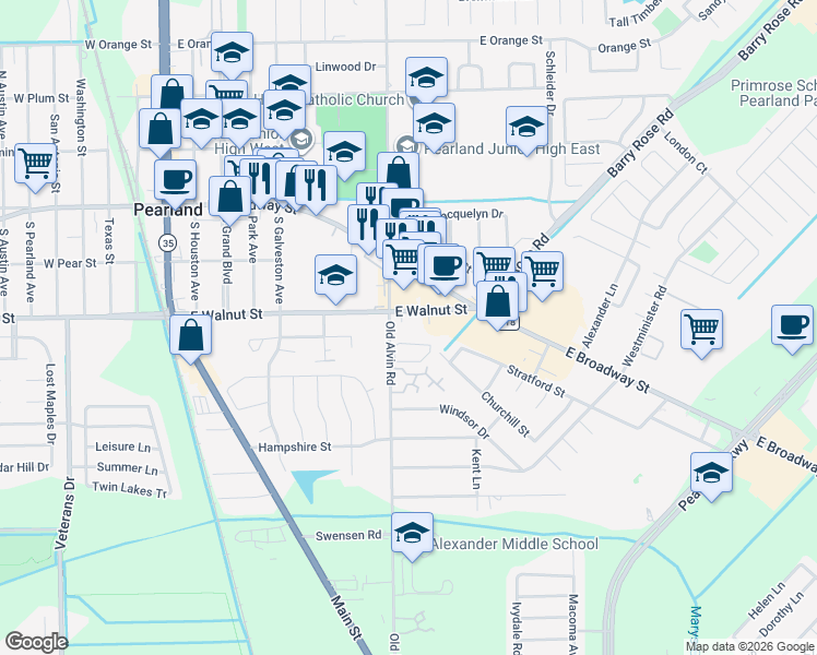 map of restaurants, bars, coffee shops, grocery stores, and more near 2685 Old Alvin Road in Pearland