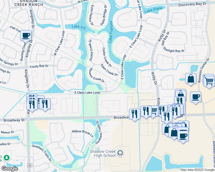 map of restaurants, bars, coffee shops, grocery stores, and more near 11911 Shady Sands Place in Pearland