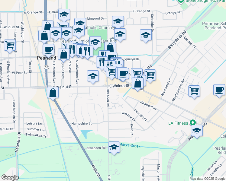 map of restaurants, bars, coffee shops, grocery stores, and more near 2685 Old Alvin Road in Pearland