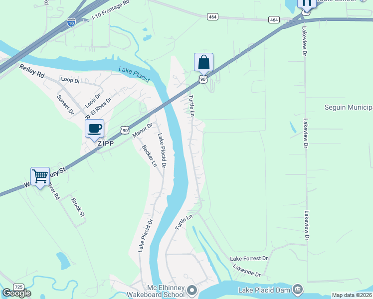 map of restaurants, bars, coffee shops, grocery stores, and more near 281 Lake Placid Drive in Seguin