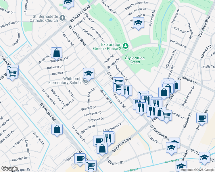 map of restaurants, bars, coffee shops, grocery stores, and more near 16302 El Camino Real in Houston