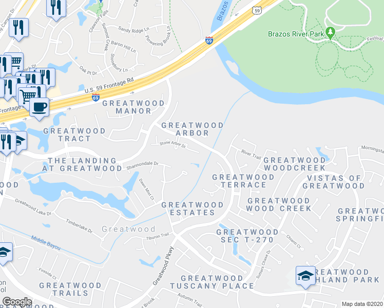 map of restaurants, bars, coffee shops, grocery stores, and more near 7702 Stone Arbor Drive in Sugar Land