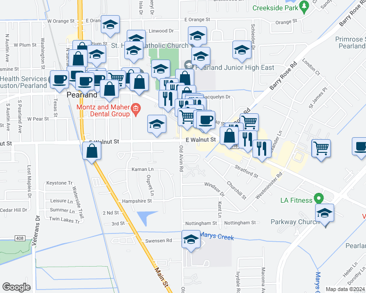 map of restaurants, bars, coffee shops, grocery stores, and more near 3346 East Walnut Street in Pearland