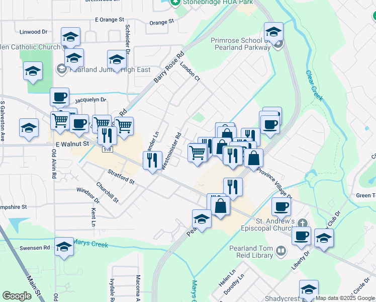 map of restaurants, bars, coffee shops, grocery stores, and more near 2515 Westminister Road in Pearland