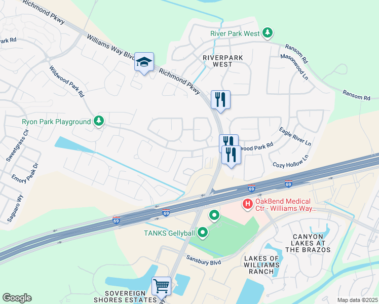 map of restaurants, bars, coffee shops, grocery stores, and more near 22155 Wildwood Park Road in Richmond