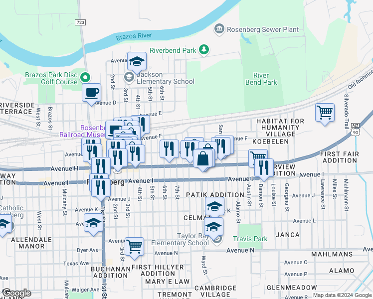 map of restaurants, bars, coffee shops, grocery stores, and more near 2413 Avenue H in Rosenberg