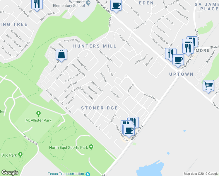 map of restaurants, bars, coffee shops, grocery stores, and more near 13811 Chevy Oak in San Antonio