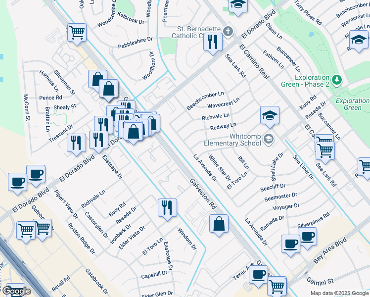 map of restaurants, bars, coffee shops, grocery stores, and more near 15930 La Avenida Drive in Houston