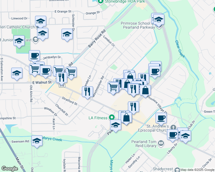 map of restaurants, bars, coffee shops, grocery stores, and more near 2902 Whispering Winds Drive in Pearland