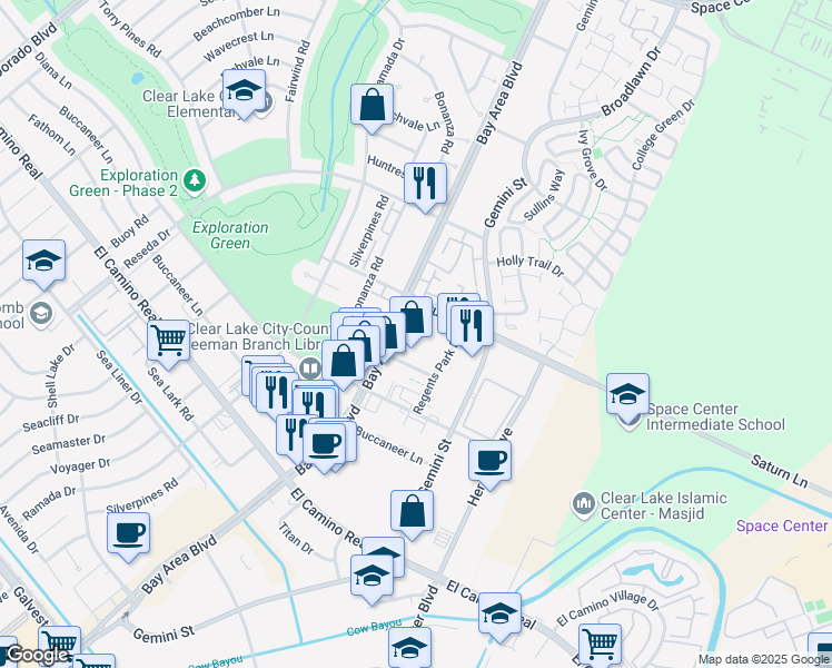 map of restaurants, bars, coffee shops, grocery stores, and more near 16815 Royal Crest Drive in Houston