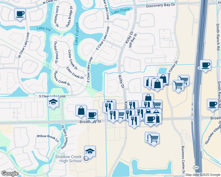 map of restaurants, bars, coffee shops, grocery stores, and more near 11606 Park Falls Court in Pearland
