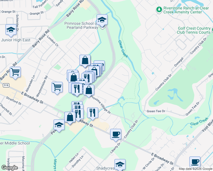 map of restaurants, bars, coffee shops, grocery stores, and more near 2711 Pebble Creek Drive in Pearland