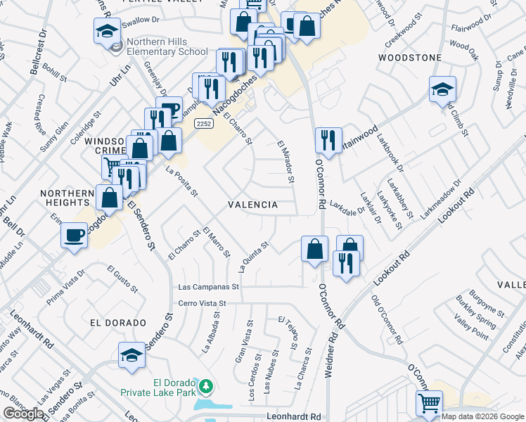map of restaurants, bars, coffee shops, grocery stores, and more near 13215 Montecito Street in San Antonio