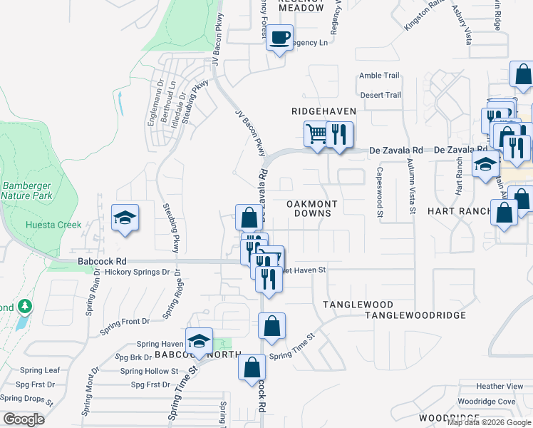 map of restaurants, bars, coffee shops, grocery stores, and more near 12303 Stable Pond Drive in San Antonio
