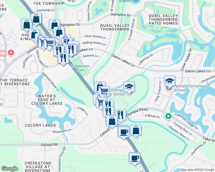 map of restaurants, bars, coffee shops, grocery stores, and more near 6725 Highway 6 in Missouri City