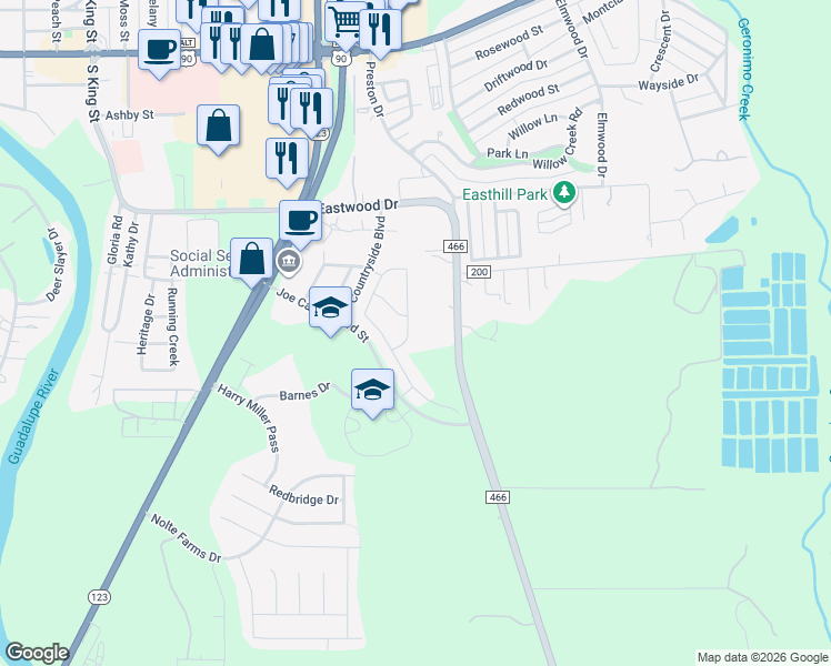 map of restaurants, bars, coffee shops, grocery stores, and more near 1480 Joe Carrillo Boulevard in Seguin