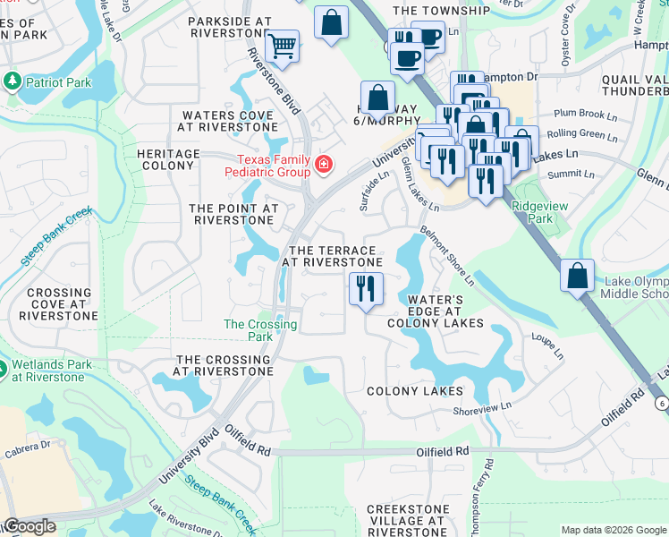 map of restaurants, bars, coffee shops, grocery stores, and more near 6519 Misty Creek in Missouri City