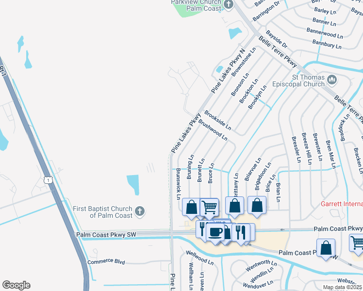 map of restaurants, bars, coffee shops, grocery stores, and more near 114 Brunswick Lane in Palm Coast