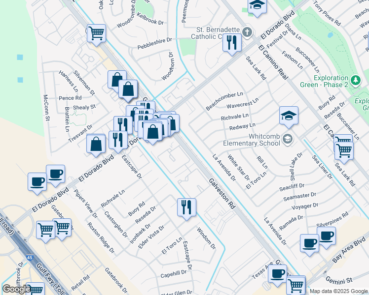 map of restaurants, bars, coffee shops, grocery stores, and more near 15800 Texas 3 in Webster