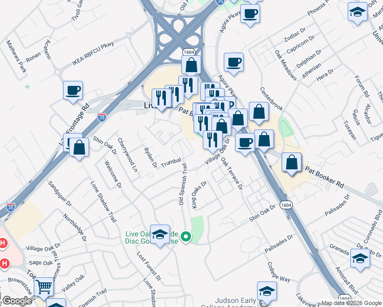 map of restaurants, bars, coffee shops, grocery stores, and more near 12818 Old Spanish Trail in Live Oak