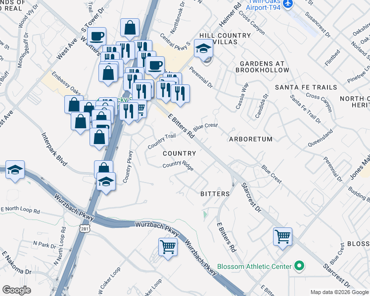 map of restaurants, bars, coffee shops, grocery stores, and more near 12831 Country Ridge in San Antonio