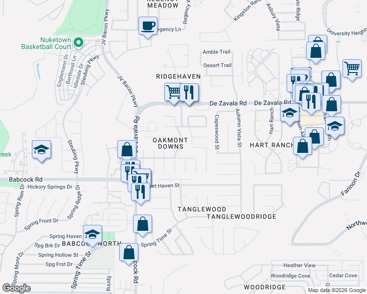 map of restaurants, bars, coffee shops, grocery stores, and more near 6263 Stable Trail Drive in San Antonio