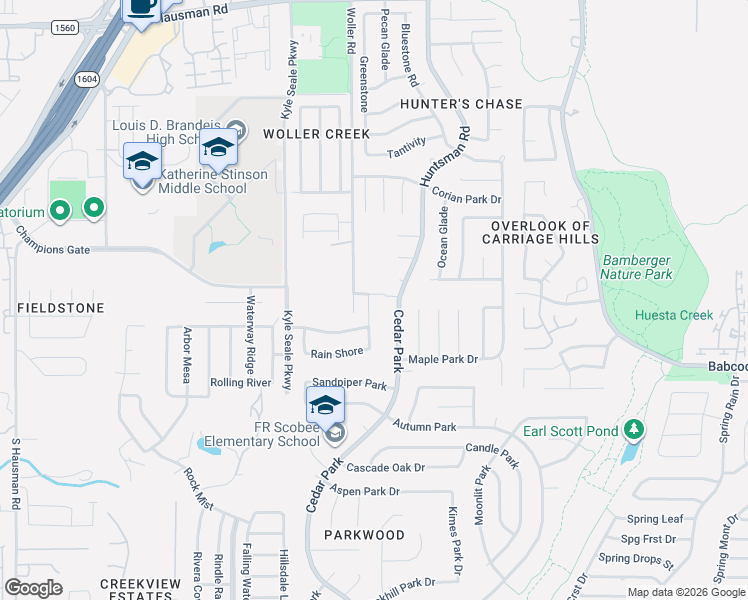 map of restaurants, bars, coffee shops, grocery stores, and more near 11443 Cedar Park in San Antonio