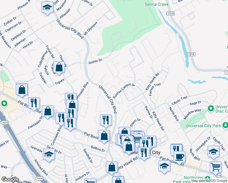 map of restaurants, bars, coffee shops, grocery stores, and more near 491 Sunrise Canyon Drive in Universal City