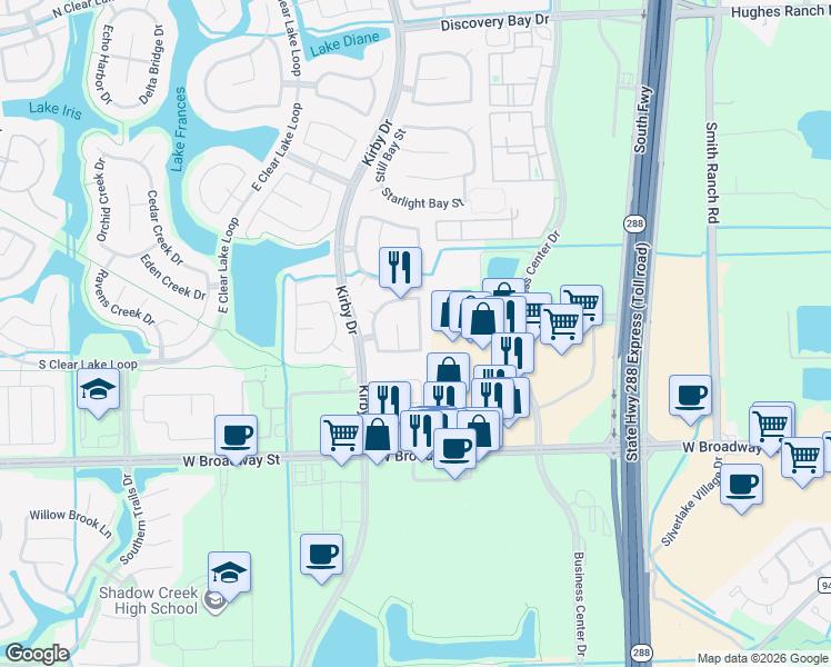 map of restaurants, bars, coffee shops, grocery stores, and more near 11302 Hidden Bay Drive in Pearland