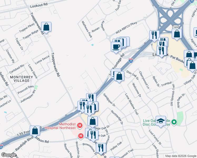 map of restaurants, bars, coffee shops, grocery stores, and more near 13285 Interstate 35 Frontage Road in San Antonio