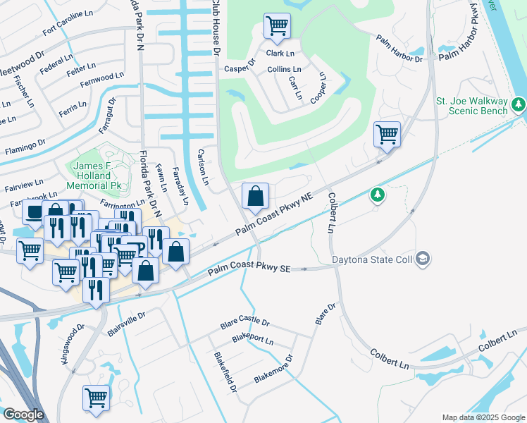 map of restaurants, bars, coffee shops, grocery stores, and more near 19 Lake Forest Court in Palm Coast