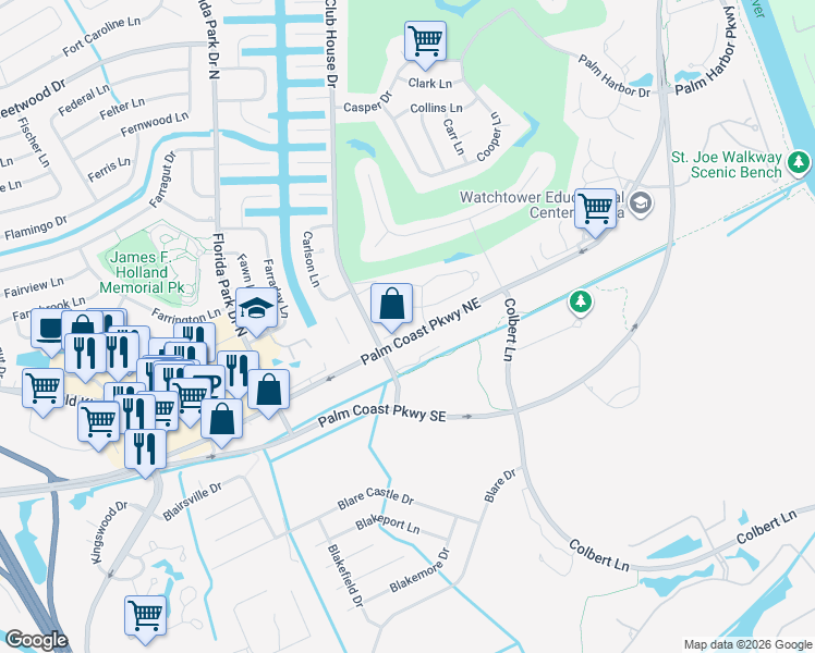 map of restaurants, bars, coffee shops, grocery stores, and more near 52 Lake Forest Place in Palm Coast
